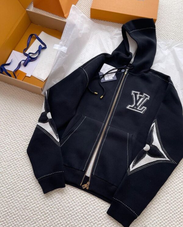 Graphic Intarsia Zipped Cotton Hoodie LV